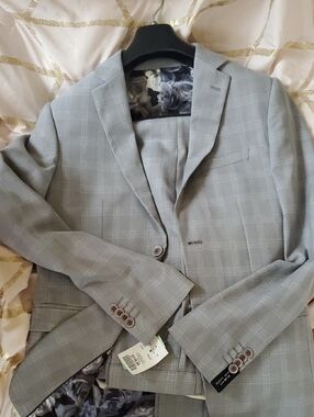 INC International Concepts Light Gray Plaid Men's Suit Jacket